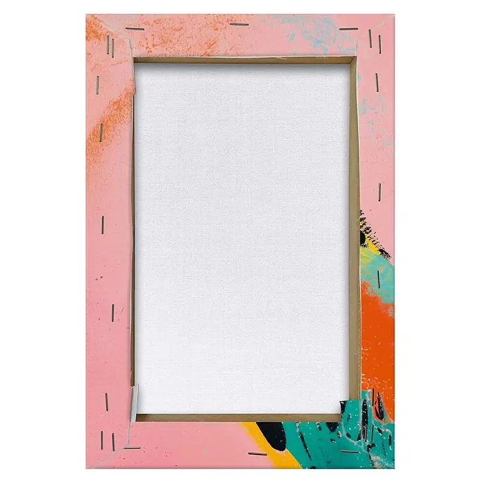 Reinders Leinwandbild Giclee on Canvas - Coloured Bird, B x H: 20 x 30 cm - Nahaufnahme einer farbenfrohen Leinwand mit einem abstrakten, mehrfarbigen Rahmen, der mit Klammern befestigt ist.
