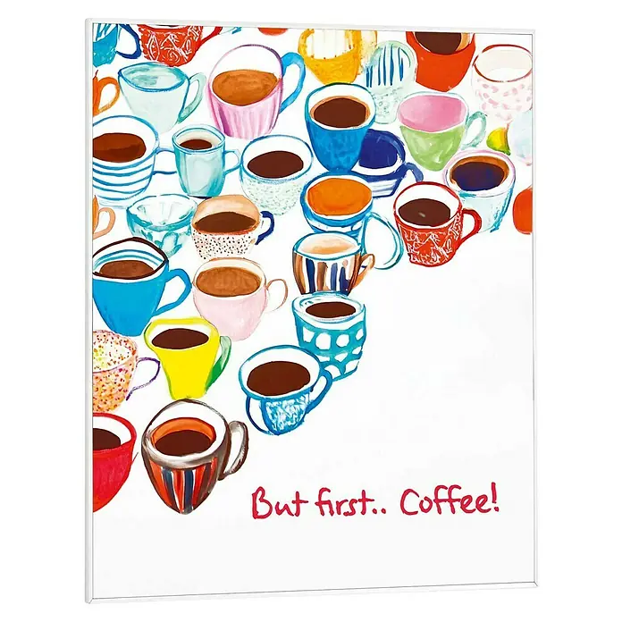 Reinders Bild Slim Frame White - Many Coffees, B x H: 40 x 50 cm - Ein Whiteboard mit einem bunten Tassen-Design und dem Schriftzug "But first.. Coffee!". Ideal für Kaffeeliebhaber im Büro.