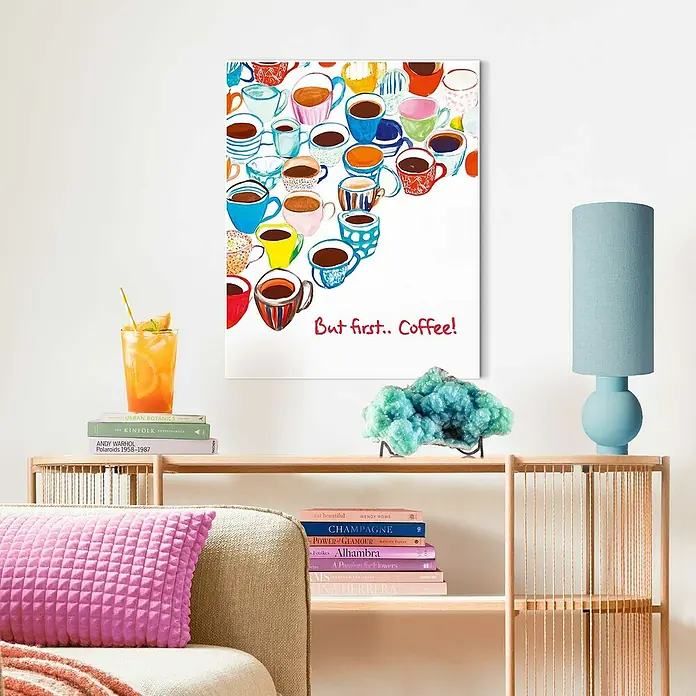 Reinders Bild Slim Frame White - Many Coffees, B x H: 40 x 50 cm - Ein farbenfrohes Kaffeetassen-Wandbild mit der Aufschrift "Aber zuerst... Kaffee!" bringt einen Hauch von Laune in jede Küche oder Essecke.