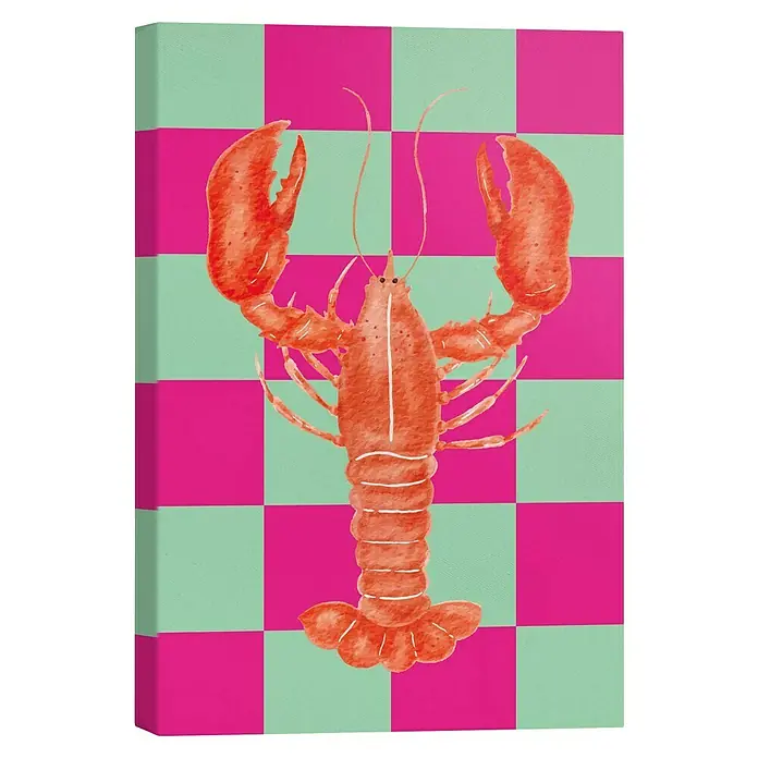 Reinders Leinwandbild Giclee on Canvas - Lobster Checkers, B x H: 20 x 30 cm - Leuchtend roter Hummer auf einem Schachbrettmuster aus Pink und Mintgrün, ein auffälliges Kunstwerk für moderne Räume.