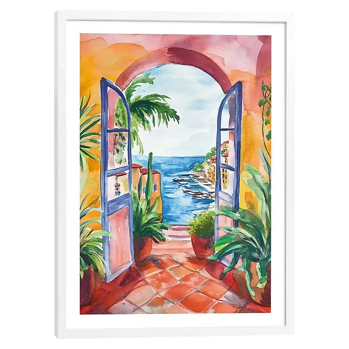 Reinders Bild Modern Frame - Balcony, B x H: 50 x 70 cm - Mediterranes Wandbild mit Blick aufs Meer. Das Aquarellbild mit offenen Türen und Topfpflanzen bringt Urlaubsflair in jeden Raum.