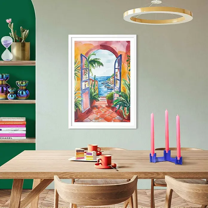 Reinders Bild Modern Frame - Balcony, B x H: 50 x 70 cm - Ein gerahmtes Wandbild mit einem farbenfrohen Blick auf das Meer durch eine geöffnete Tür, das Urlaubsflair in jeden Raum bringt.