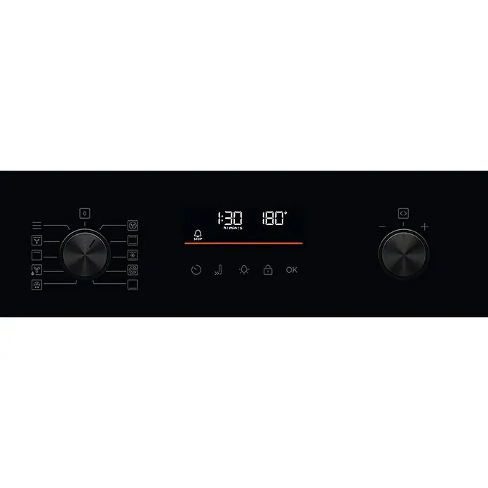 AEG Horno empotrado OU5PB40NSK - Número de tipos de calentamiento: 9 ud., 72 l - Panel de control de un horno AEG negro con selector de función, pantalla digital y control de temperatura.