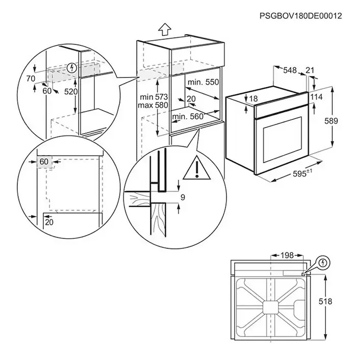AEG Horno empotrado OU5PB40NSK - Número de tipos de calentamiento: 9 ud., 72 l - Dibujo técnico de un horno empotrado con dimensiones del producto y requisitos de corte para la instalación en el mueble.