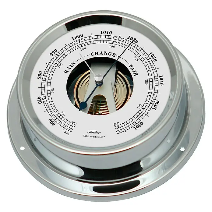 Talamex Schiffsbarometer - Durchmesser: 110 cm, Verchromt, Messing - Ein silberner Fischer-Barometer zur Wettervorhersage mit gut lesbarer Skala für präzise Messungen und stilvolles Design.