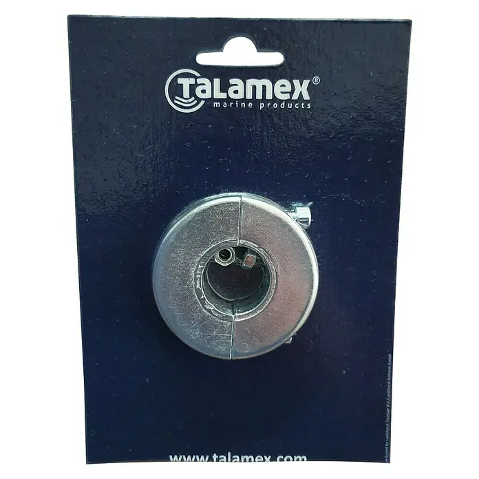 Talamex Wellenanode - Zink, Durchmesser Schaft: 25 mm, Salzwasser, Sonstige - Abgebildet ist eine Talamex Rohrschelle, ein Marineprodukt, das zur Befestigung von Rohren dient. Die Schelle ist aus Metall gefertigt.