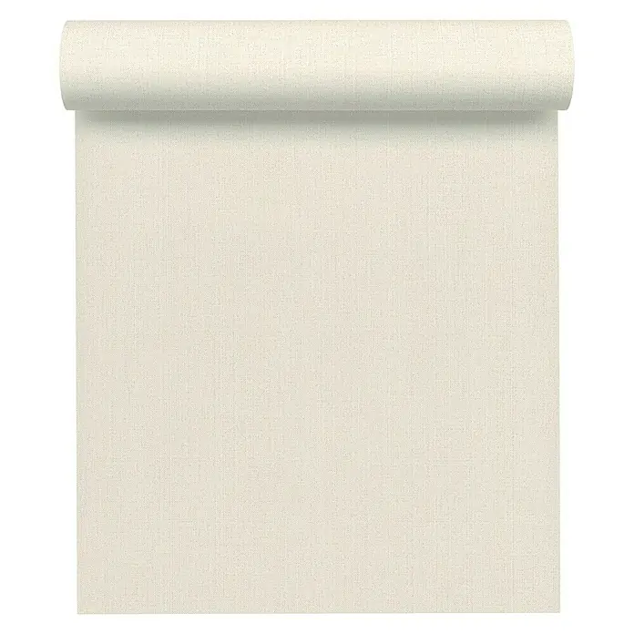A.S. Création Hygge Vliestapete - Creme, Uni, 10,05 x 0,53 m - Nahaufnahme einer Rolle cremefarbener Tapete mit einer feinen Textur, die ein schlichtes und elegantes Design für die Wanddekoration bietet.