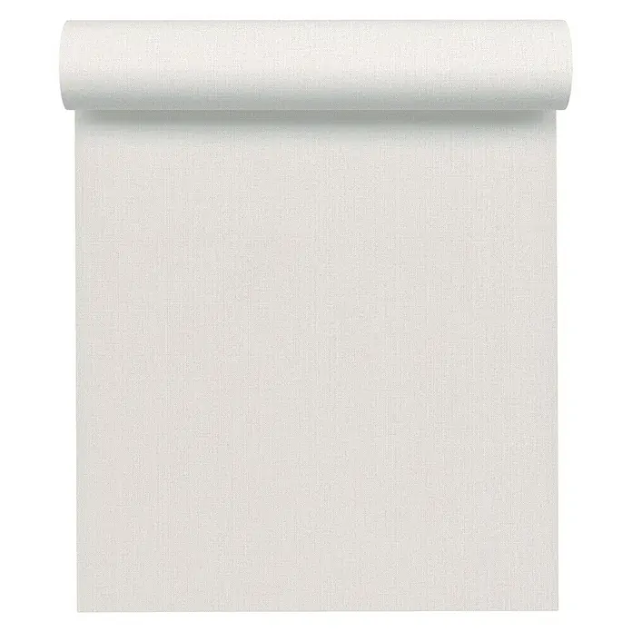 A.S. Création Hygge Vliestapete II - Hellgrau/Weiß, Uni, 10,05 x 0,53 m - Nahaufnahme einer Rolle mit weißer Leinwandtapete, die sich perfekt für eine minimalistische und moderne Inneneinrichtung eignet.