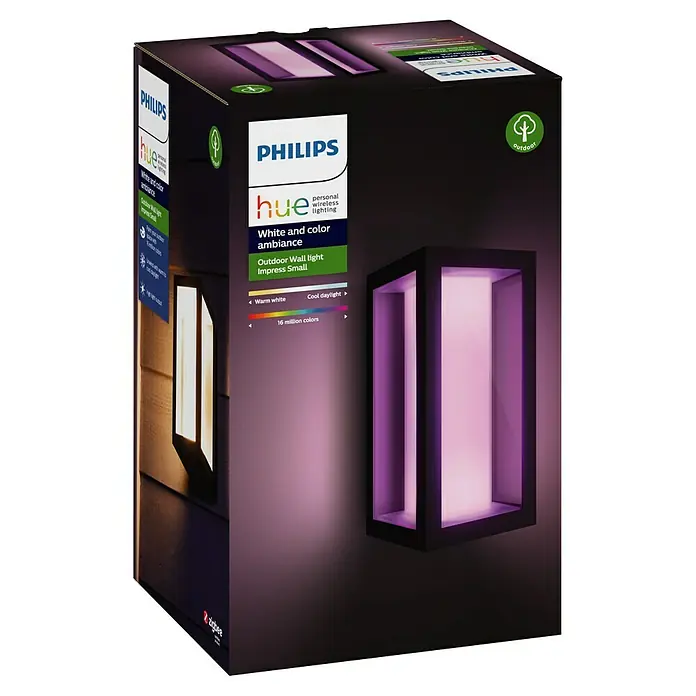Philips Hue LED-Außenwandleuchte Impress - 8 W, 14,1 x 12 x 24 cm, Schwarz, IP44 - Eine Produktaufnahme der Philips Hue "Impress Small" Outdoor Wandleuchte, die mit einer Auswahl an Weiß- und Farbtönen eine stimmungsvolle Beleuchtung erzeugt.