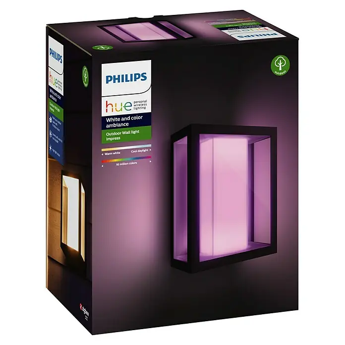 Philips Hue LED-Außenwandleuchte Impress - 8 W, 11,7 x 19 x 24 cm, Schwarz, IP44 - Das Philips Hue White and Color Ambiance Outdoor Wall Light Impress ist eine stilvolle Außenleuchte mit vielen Farboptionen.