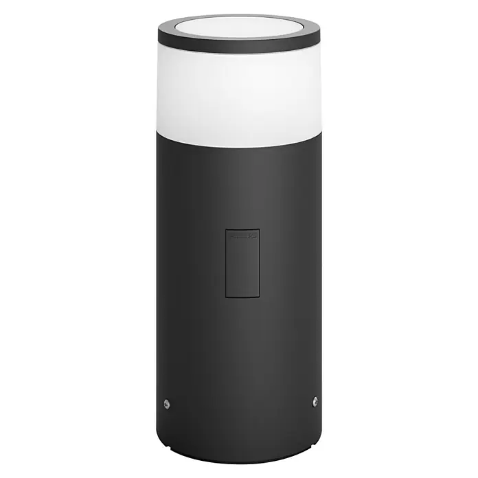 Philips Hue Außensockelleuchte Calla Erweiterung - 8 W, Farbe Gehäuse: Schwarz, RGBW, 10,4 x 10,4 x 25,2 cm, Mit Leuchtmittel - Nahaufnahme einer Philips Hue Sockelleuchte: Elegantes Design für den Außenbereich, das sowohl Stil als auch fortschrittliche Beleuchtungstechnologie vereint.