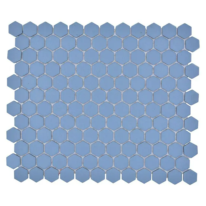 Mosaikfliese Hexagon Uni HX AT23 - 26 x 30 cm, Blau, Matt - Nahaufnahme eines blauen sechseckigen Mosaikfliesenmusters, ideal für die Dekoration von Küche und Bad mit modernem Design.