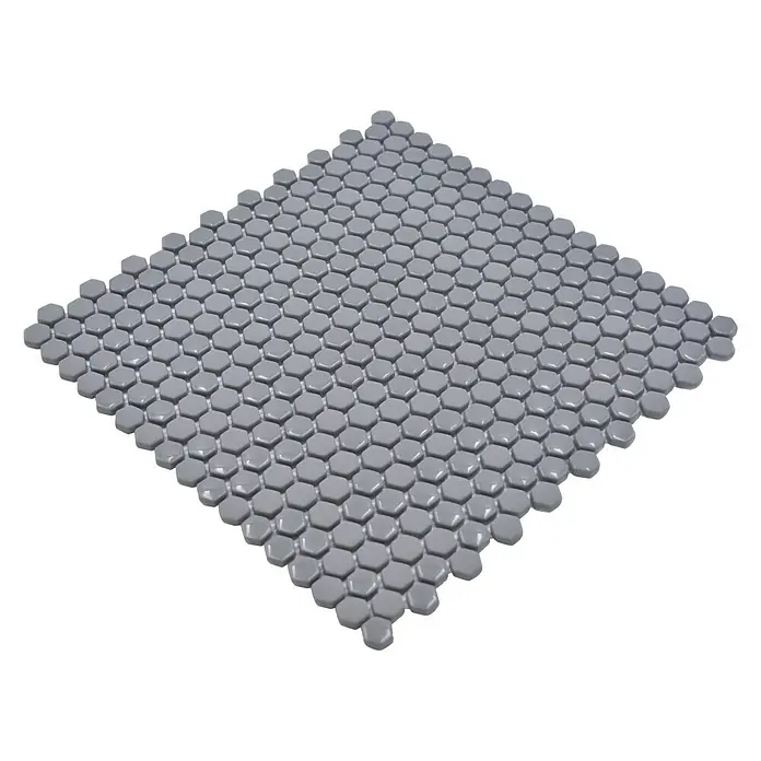 Mosaikfliese Hexagon CUBA HX4GM - 29 x 29,5 cm, Grau, Matt - Quadratische Matte mit grauen, sechseckigen Mosaikfliesen für stilvolle Wand- und Bodengestaltung.