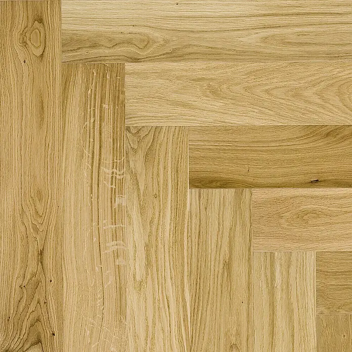 Barlinek Parkett Classico Line - Eiche Caramel, Fischgrät, 725 x 130 x 14 mm - Bild eines hellen, natürlich gemaserten Eichenparkettbodens in einem Fischgrätmuster.