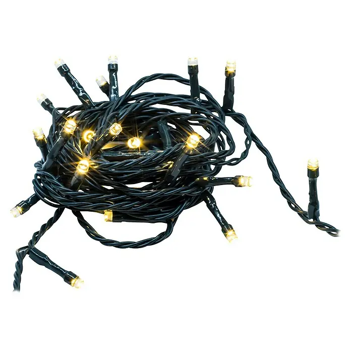 Tween Light Guirnalda luminosa LED - Para exterior, Color de luz: Blanco cálido, Número de bombillas: 40 ud., Funcionamiento en red, 11 m - Imagen de una cadena de luces con LEDs blanco cálido y cable negro. Ideal para decoraciones festivas e iluminación ambiental.