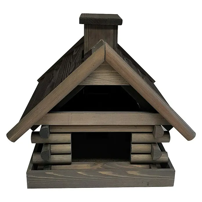 COV Vogelhaus - Holz, Grau - Ein Vogelhaus im Blockhüttenstil mit einem Satteldach und einem kleinen Schornstein. Ideal für Vogelliebhaber, die ihren Garten dekorieren möchten.