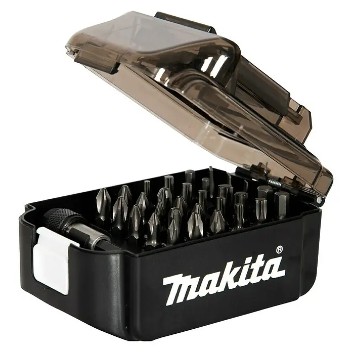 Makita Bit-Set E-00016 - 31 -tlg. - Nahaufnahme eines Makita-Schrauberbit-Sets in einem schwarzen Gehäuse mit durchsichtigem Deckel, ideal für Werkstatt und Heimwerkerprojekte.