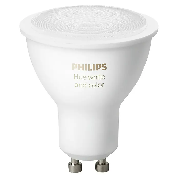 Philips Hue Set de bombillas LED inteligentes - GU10, Intensidad regulable, RGBW, 350 lm, 5,7 W, 1 ud. - Primer plano de una bombilla LED Philips Hue White and Color. Esta bombilla inteligente proporciona tonos de color versátiles y variantes de blanco para un ambiente personalizado.