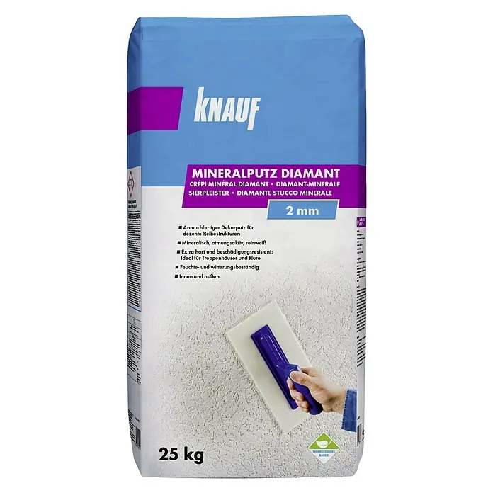 Knauf Dekoputz Mineralputz Diamant - Reinweiß, Körnung: 2 mm, 25 kg - Sack Knauf Mineralputz Diamant mit 25 kg Inhalt, ein mineralischer Dekorputz für feine Reibeputzstrukturen im Innen- und Außenbereich.