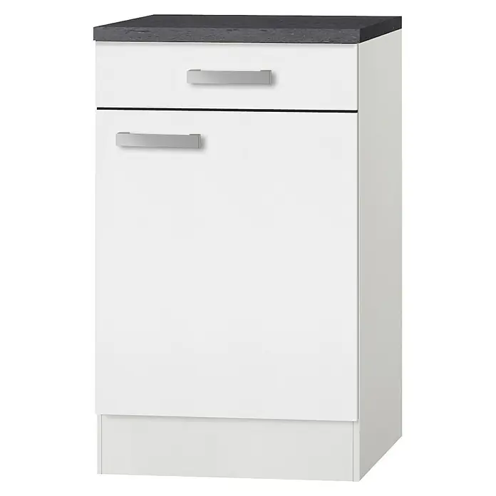 Optifit Oslo Küchen-Unterschrank - 60 x 50 x 84,8 cm, Weiß - Dieser elegante Unterschrank mit Schublade und Tür bietet praktischen Stauraum. Die graue Arbeitsplatte sorgt für einen modernen Touch.