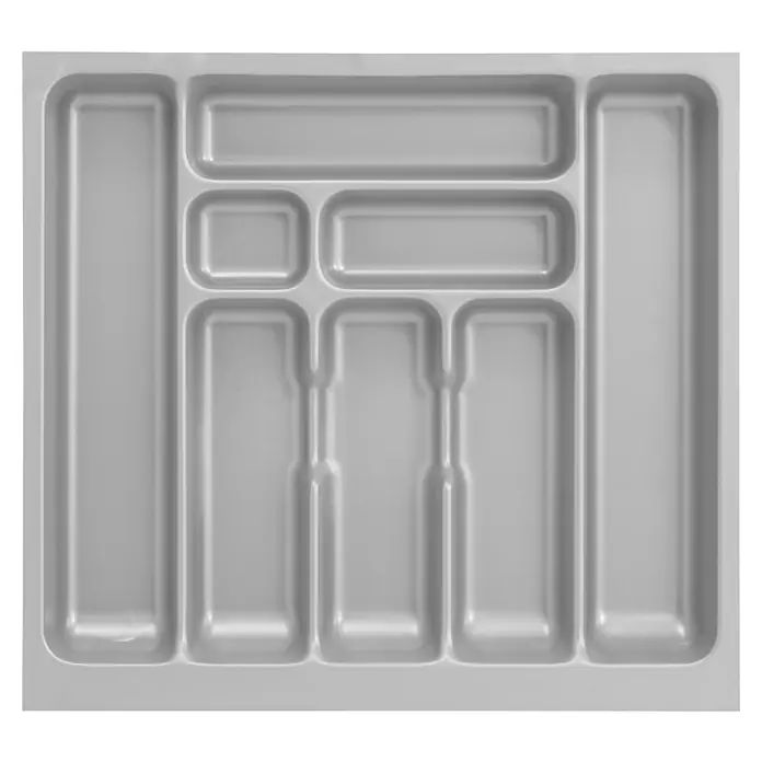 Optifit Besteckkasten - 47,3 x 51,8 x 5 cm, Silbergrau - Ein grauer Schubladeneinsatz mit verschiedenen Fächern für Besteck und andere Küchenutensilien, ideal für die Organisation.