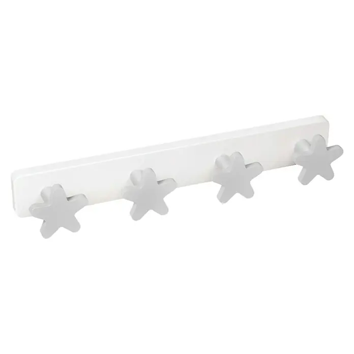 Nesu Garderobenleiste - L x B x H: 40,3 x 1,6 x 10,3 cm, Anzahl Haken: 4 Stk., Weiß - Eine weiße Garderobenleiste mit vier grauen Sternen als Haken. Perfekt für Kinderzimmer, um Jacken und Taschen stilvoll aufzuhängen.