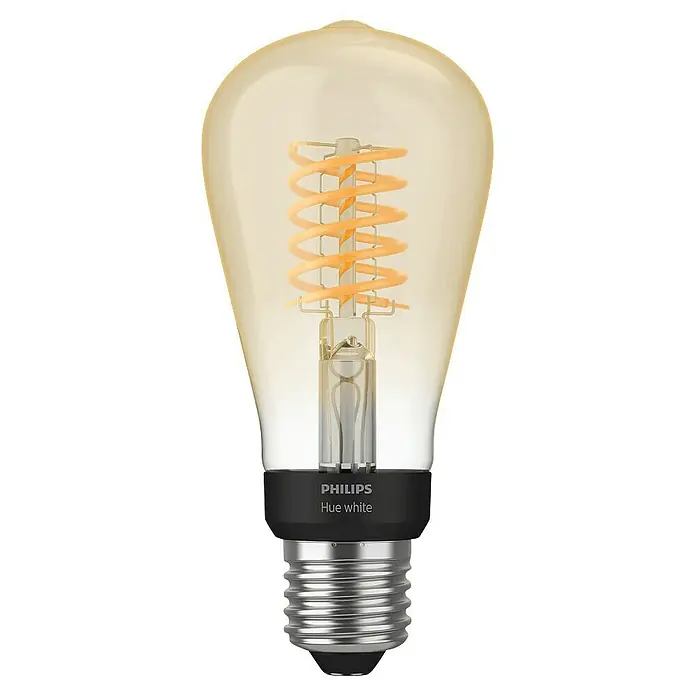 Philips Hue Bombilla LED inteligente Filamento blanco - E27, Intensidad regulable, Blanco cálido, 550 lm, 7 W, Denominación de la lámpara: ST64 - Primer plano de una bombilla Philips Hue White Filament con un filamento decorativo y base E27, ideal para crear un ambiente acogedor.