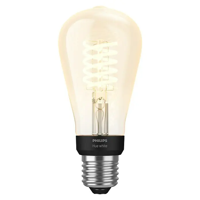 Philips Hue Bombilla LED inteligente Filamento blanco - E27, Intensidad regulable, Blanco cálido, 550 lm, 7 W, Denominación de la lámpara: ST64 - Bombilla Edison Philips Hue White. La bombilla tiene una forma clara y crea una luz cálida y acogedora. Es controlable de forma inteligente.