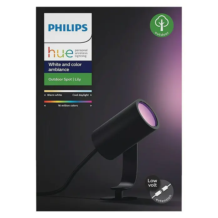 Philips Hue LED-Gartenspot Lily - 8 W, Lichtfarbe: RGB, IP65 - Das Bild zeigt eine Verpackung der Philips Hue Lily, einem Outdoor-Spot für stimmungsvolle, farbige Beleuchtung im Garten.