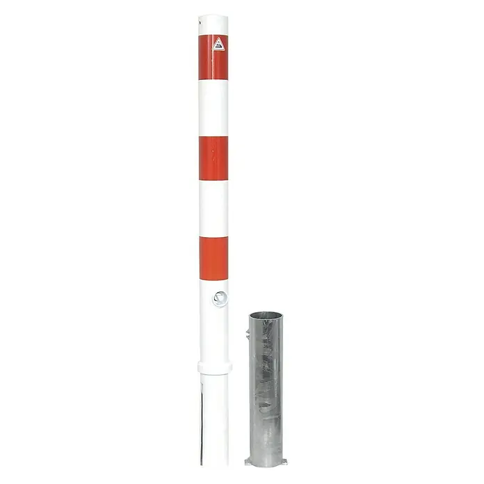 Schake Sperrpfosten - Ø x H: 76 x 1.300 mm, Stahl, Einbetonieren, Weiß/Rot, Ohne Öse, Dreikantverriegelung - Der herausnehmbare Verkehrspfosten ist rot-weiß gestreift, mit Zubehör geliefert, eine effektive und flexible Lösung zur Verkehrssicherung.
