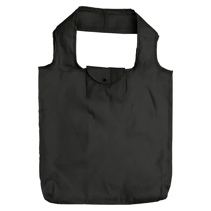 Einkaufstasche faltbar - L x B: 60 x 40 cm, Polyester, Schwarz - Eine schwarze, wiederverwendbare Einkaufstasche aus Stoff, zusammengefaltet mit Knopf, ideal für umweltbewusstes Einkaufen und den täglichen Gebrauch.