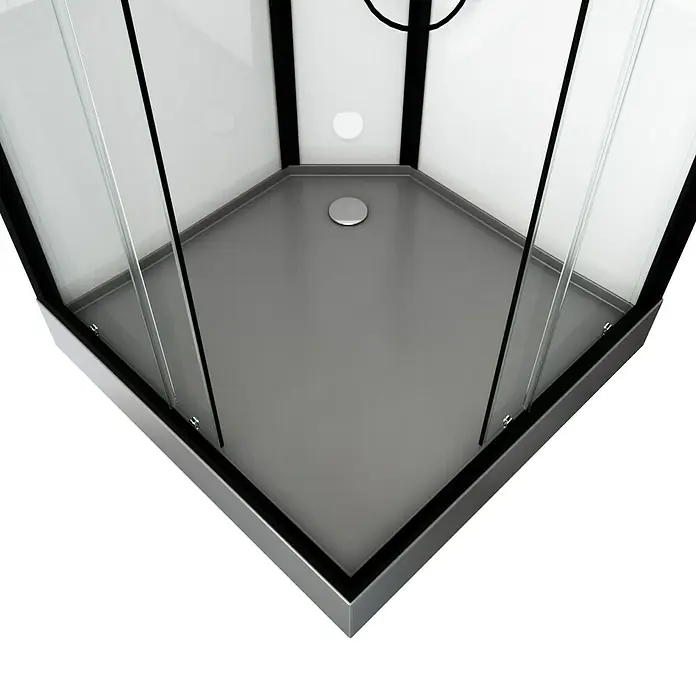 Aurlane Komplettdusche Indus - 90 x 90 x 215 cm, Eckig, Anthrazit/Silbergrau - Eckige Duschkabine mit schwarzem Rahmen und grauem Boden. Das Duschbecken ist erhöht und hat einen runden Abfluss in der Mitte.