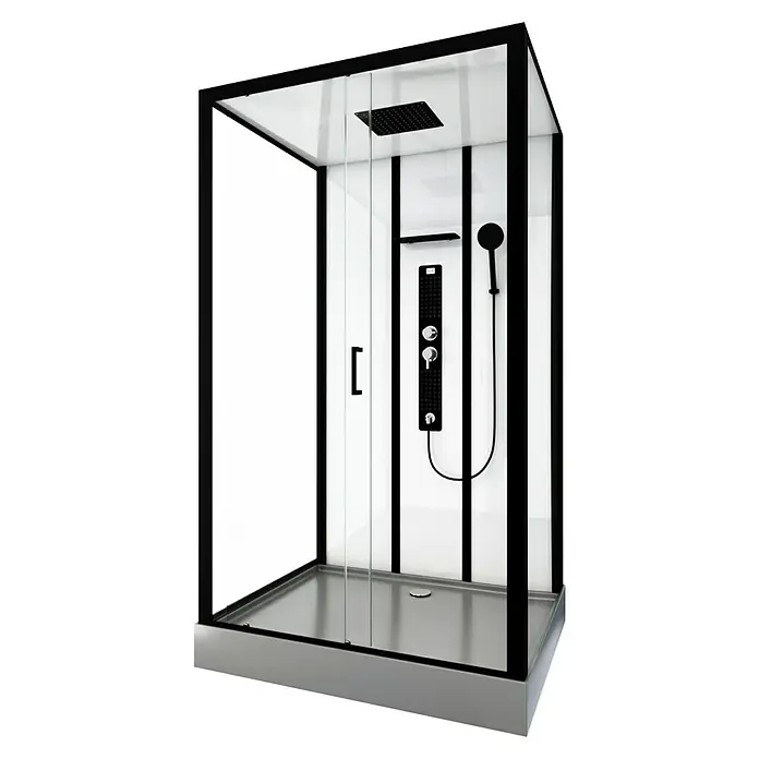 Aurlane Komplettdusche Indus - 115 x 90 x 215 cm, Anthrazit/Silbergrau - Moderne Duschkabine mit schwarzem Rahmen, Glaswänden und schwarzer Duscharmatur für ein stilvolles Badezimmerdesign.
