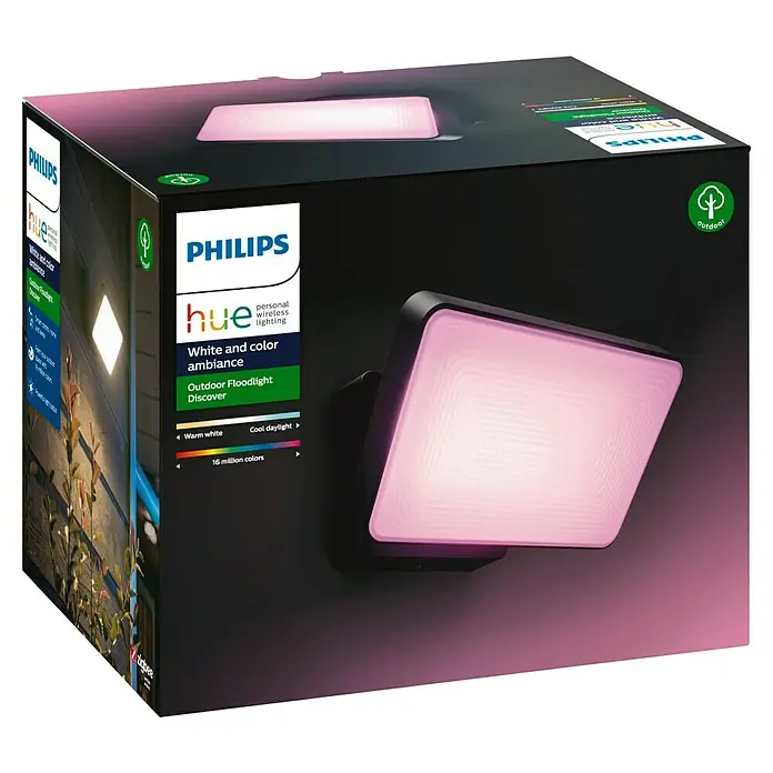 Philips Hue LED-Strahler White & Color Ambiance - 15 W, L x B x H: 22 x 16 x 15,3 cm, Schwarz, RGBW - Nahaufnahme der Verpackung eines Philips Hue Outdoor Floodlight Discover mit Farbwiedergabe und verschiedenen Einstellungsmöglichkeiten.