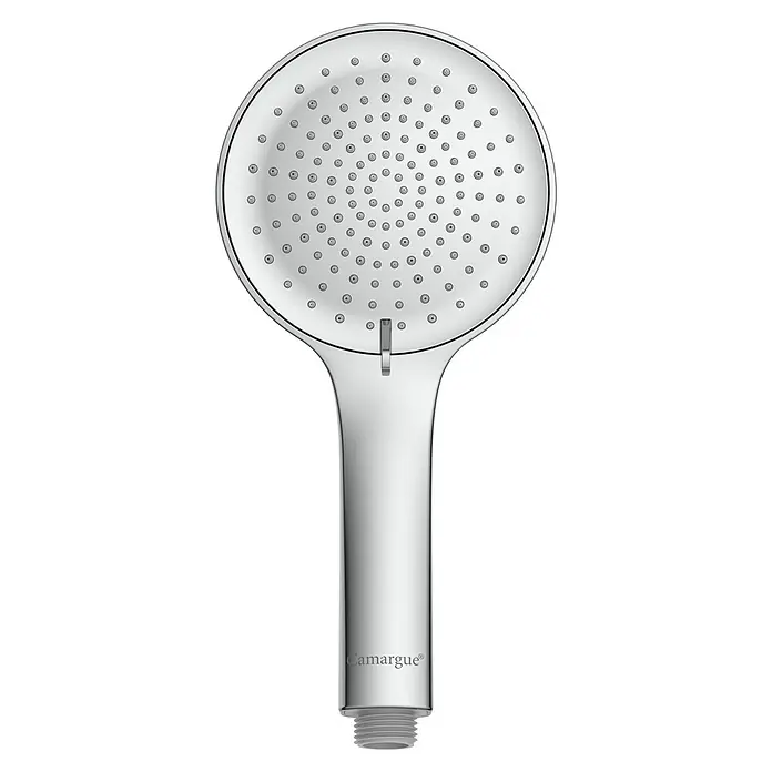 Camargue Handbrause - Anzahl Funktionen: 3 Stk., Chrom - Abbildung eines Camargue Handbrausekopfes mit rundem Kopf und Chromfinish, der Eleganz und Funktionalität vereint.