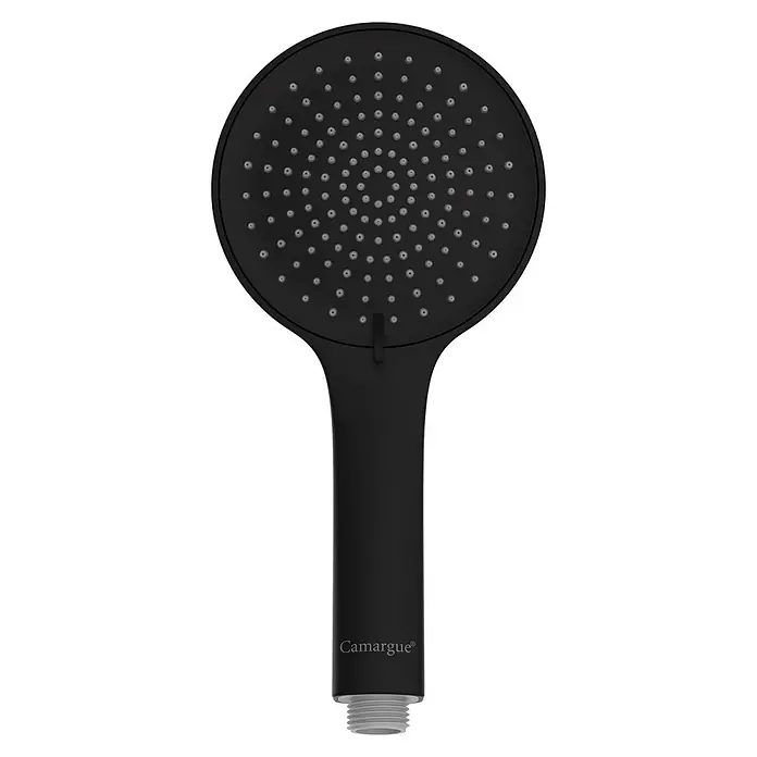 Camargue Set de ducha - Número de funciones: 3 ud., Negro, Mate - Cabezal de ducha de mano Camargue negro con diseño redondo y muchas boquillas pequeñas para una experiencia de ducha agradable.