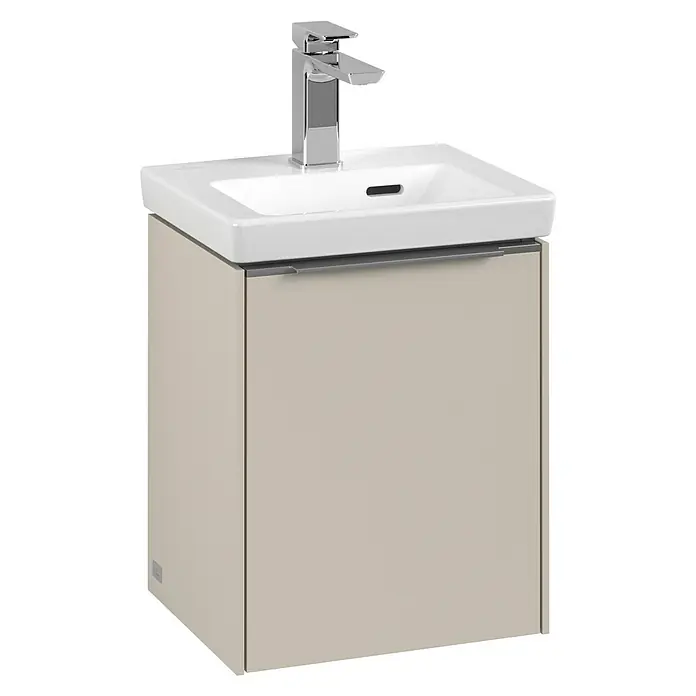 Villeroy & Boch Subway 3.0 Waschbeckenunterschrank - Cashmere Grey, Anzahl Türen: 1 Stk., Farbe Griff: Aluminium glänzend, B x T x H: 35,1 x 30,9 x 42,9 cm, DIN Anschlag: Rechts - Das Bild zeigt ein modernes Badezimmerwaschbecken mit Unterschrank in Beige und einer Armatur aus Chrom. Elegantes Design für stilvolle Badezimmer.