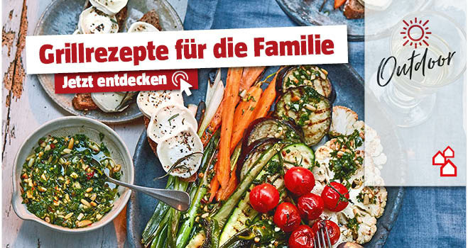 Gegrilltes Gemüse auf einem Teller am Tisch mit Titel Grillrezepte für die Familie