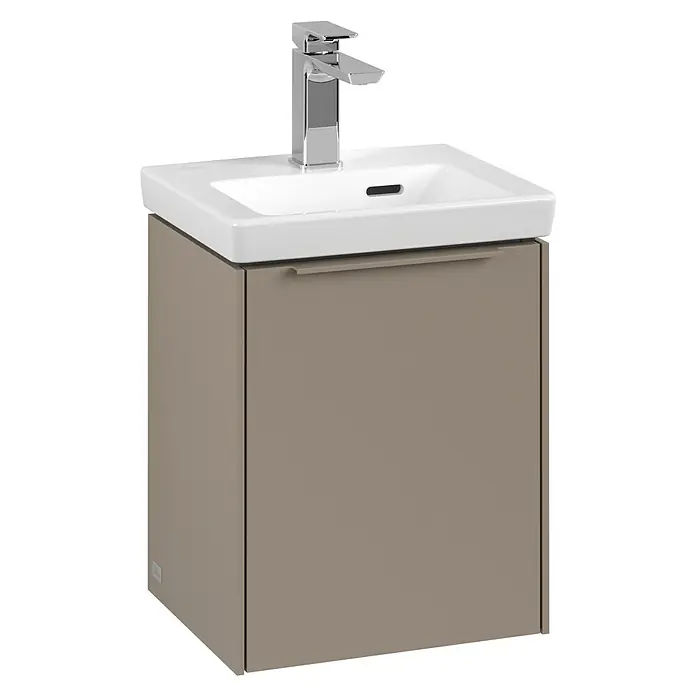Villeroy & Boch Subway 3.0 Waschbeckenunterschrank - Taupe, Anzahl Türen: 1 Stk., Farbe Griff: Monochrom, B x T x H: 35,1 x 30,9 x 42,9 cm, DIN Anschlag: Rechts - Waschbeckenunterschrank in Taupe mit weißem Waschbecken und Armatur. Das moderne Design passt perfekt in jedes Badezimmer.