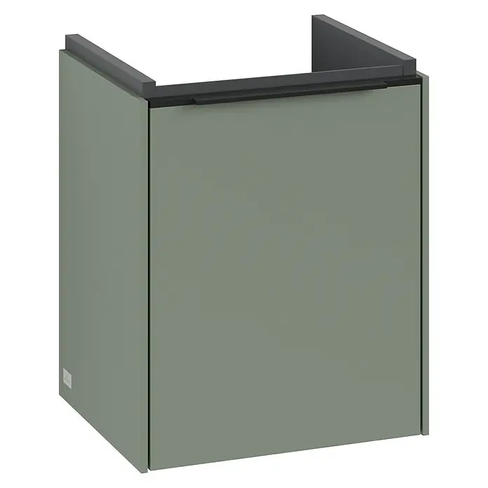 Villeroy & Boch Subway 3.0 Waschbeckenunterschrank - Soft Green, Anzahl Türen: 1 Stk., Farbe Griff: Volcano Black, B x T x H: 35,1 x 30,9 x 42,9 cm, DIN Anschlag: Rechts - Ein moderner, grauer Waschtischunterschrank mit dunkler Oberseite, ideal für jedes Badezimmer.