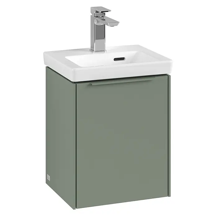 Villeroy & Boch Subway 3.0 Waschbeckenunterschrank - Soft Green, Anzahl Türen: 1 Stk., Farbe Griff: Monochrom, B x T x H: 35,1 x 30,9 x 42,9 cm, DIN Anschlag: Rechts - Ein moderner Waschtisch mit Unterschrank in einem sanften Grünton und einer Armatur in Chromoptik, ideal für jedes Badezimmer.