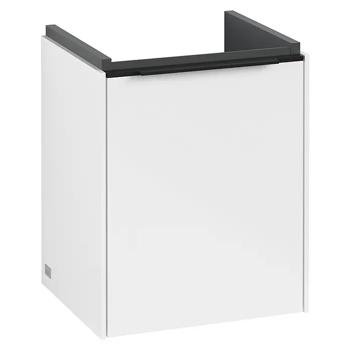 Villeroy & Boch Subway 3.0 Waschbeckenunterschrank - Brilliant White, Anzahl Türen: 1 Stk., Farbe Griff: Volcano Black, B x T x H: 35,1 x 30,9 x 42,9 cm, DIN Anschlag: Rechts - Abbildung eines modernen, weißen Waschbeckenunterschranks mit dunkler Oberseite. Das Produkt hat klare Linien und ein minimalistisches Design.
