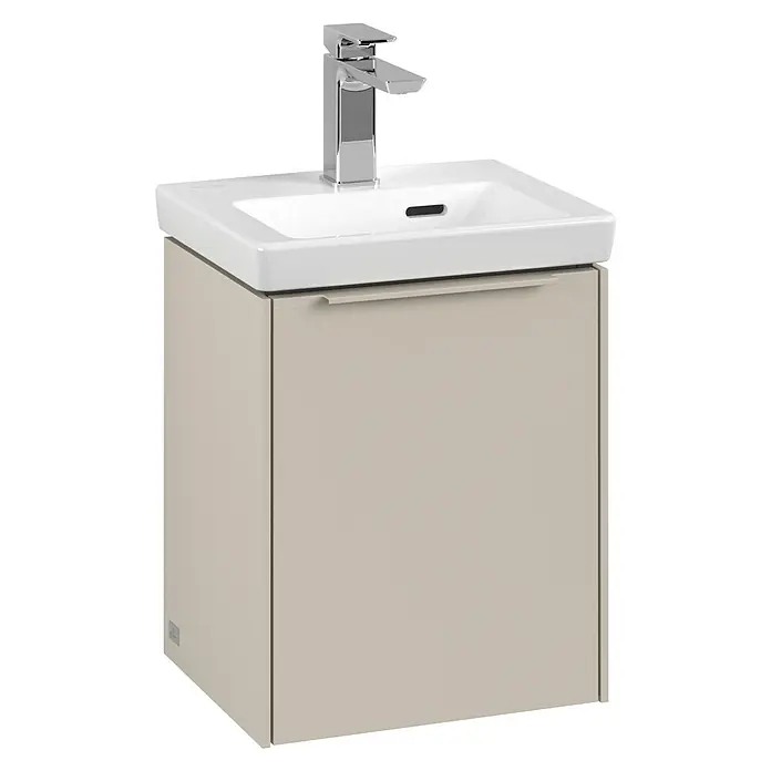 Villeroy & Boch Subway 3.0 Waschbeckenunterschrank - Cashmere Grey, Anzahl Türen: 1 Stk., Farbe Griff: Monochrom, B x T x H: 35,1 x 30,9 x 42,9 cm, DIN Anschlag: Rechts - Ein modernes Waschbecken mit einem hellen Unterschrank und einer eleganten Armatur. Ideal für jedes Badezimmer.
