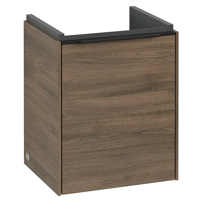 Villeroy & Boch Subway 3.0 Waschbeckenunterschrank - Arizona Oak, Anzahl Türen: 1 Stk., Farbe Griff: Volcano Black, B x T x H: 35,1 x 30,9 x 42,9 cm, DIN Anschlag: Rechts - Bild eines modernen Waschtischunterschranks in Holzoptik mit dunklen Akzenten, ideal für stilvolle Badezimmer.