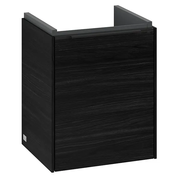 Villeroy & Boch Subway 3.0 Waschbeckenunterschrank - Black Oak, Anzahl Türen: 1 Stk., Farbe Griff: Volcano Black, B x T x H: 35,1 x 30,9 x 42,9 cm, DIN Anschlag: Rechts - Schwarzer Waschbeckenunterschrank mit horizontaler Holzmaserung und grauer Oberseite für stilvolle Badezimmer.