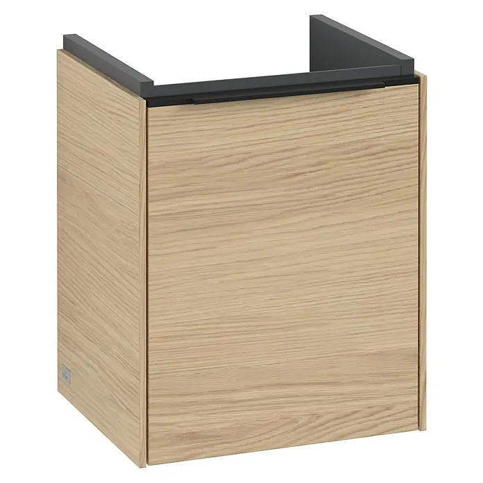 Villeroy & Boch Subway 3.0 Waschbeckenunterschrank - Nordik Oak, Anzahl Türen: 1 Stk., Farbe Griff: Volcano Black, B x T x H: 35,1 x 30,9 x 42,9 cm, DIN Anschlag: Rechts - Ein moderner Waschtischunterschrank in Holzoptik mit einer grauen Abdeckung. Der Schrank bietet Stauraum im Badezimmer und hat ein schlichtes Design.