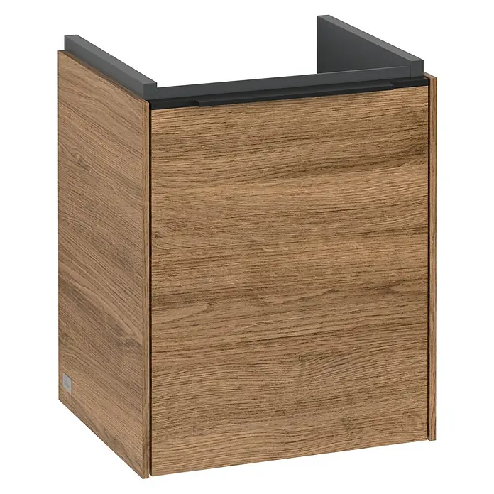 Villeroy & Boch Subway 3.0 Waschbeckenunterschrank - Kansas Oak, Anzahl Türen: 1 Stk., Farbe Griff: Volcano Black, B x T x H: 35,1 x 30,9 x 42,9 cm, DIN Anschlag: Rechts - Abbildung eines modernen Waschtischunterschranks mit Holzstruktur und grauem Aufsatz für ein stilvolles Badezimmerdesign.