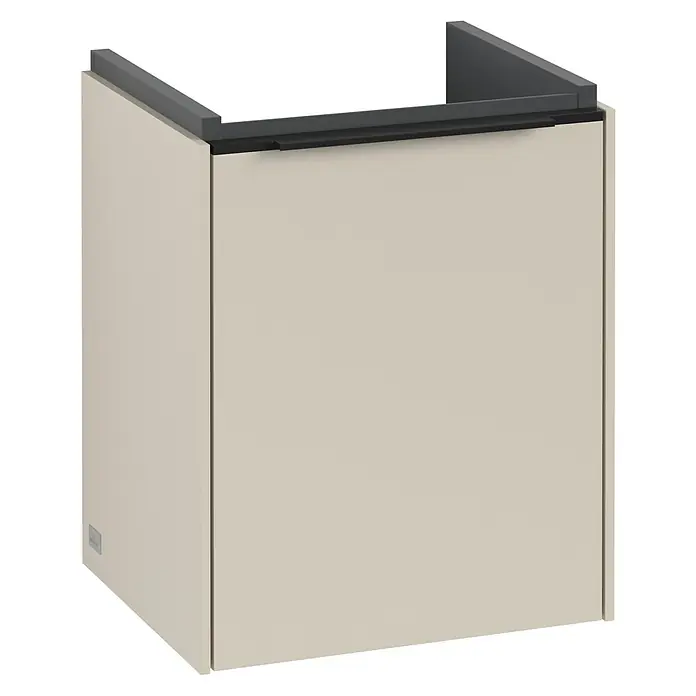 Villeroy & Boch Subway 3.0 Waschbeckenunterschrank - Cashmere Grey, Anzahl Türen: 1 Stk., Farbe Griff: Volcano Black, B x T x H: 35,1 x 30,9 x 42,9 cm, DIN Anschlag: Rechts - Ein schlichtes Waschbeckenunterschrank-Design in Beige mit einem dunkelgrauen Rahmen, das moderne Badezimmerästhetik unterstreicht.
