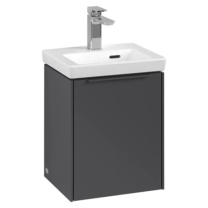 Villeroy & Boch Subway 3.0 Waschbeckenunterschrank - Graphite, Anzahl Türen: 1 Stk., Farbe Griff: Monochrom, B x T x H: 35,1 x 30,9 x 42,9 cm, DIN Anschlag: Rechts - Waschtisch mit weißem Waschbecken und grauem Unterschrank. Elegantes Design für moderne Badezimmer.