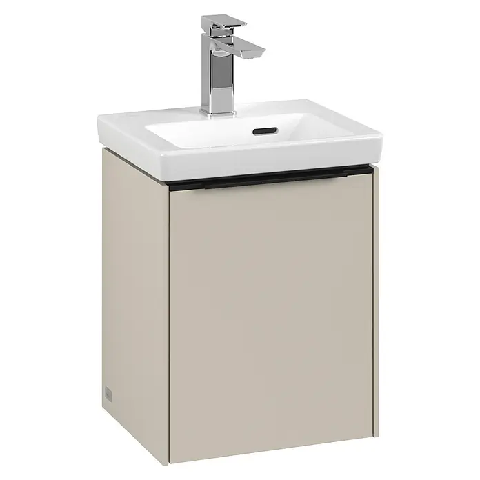Villeroy & Boch Subway 3.0 Waschbeckenunterschrank - Cashmere Grey, Anzahl Türen: 1 Stk., Farbe Griff: Volcano Black, B x T x H: 35,1 x 30,9 x 42,9 cm, DIN Anschlag: Rechts - Bild eines Waschtischunterschranks in Beige mit Waschbecken und Armatur.